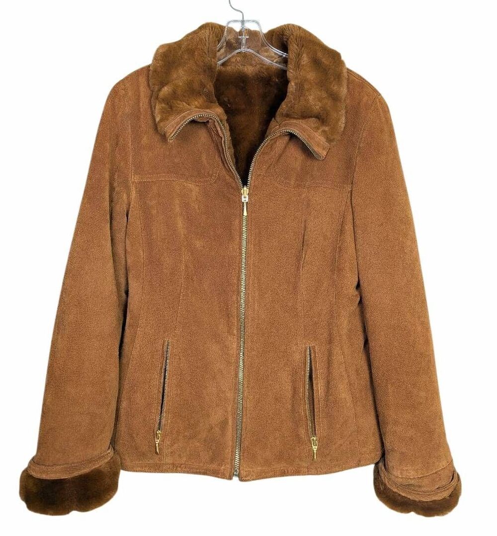 Winlit Vintage 90s Tan Suede & Faux fur lined zip jacket coat womens S